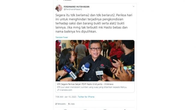 Ferdinand Hutahaean meminta KPK segera periksa Hasto Kristiyanto (twitter @FerdinandHaean2)