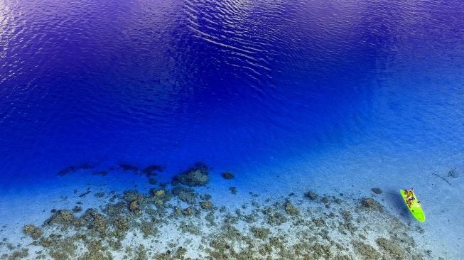 Foto udara sejumlah wisatawan bersiap melakukan selam dangkal (snorkeling) di Pulau Cinta Ecoresort di Botumoito, Kabupaten Boalemo, Gorontalo, Sabtu (11/1). [ANTARA FOTO/Adiwinata Solihin]
