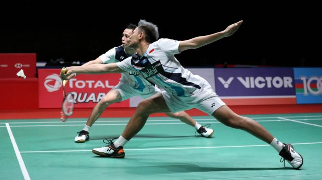 Pasangan ganda putra Indonesia, Fajar Alfian/Muhammad Rian Ardianto, takluk di babak semifinal Malaysia Masters 2020 dari Lee Yong Dae/Kim Gi Jung (Korsel), Sabtu (11/1). [Humas PBSI]