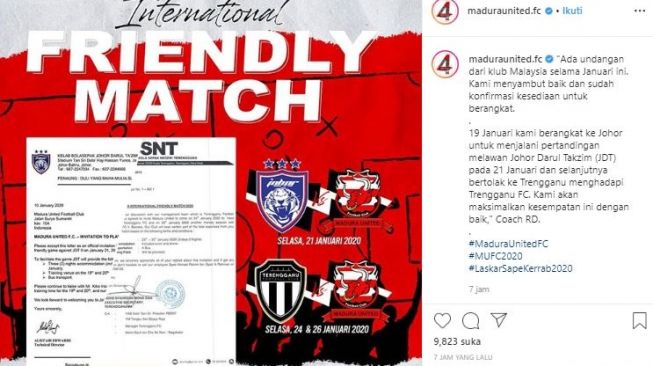 Madura United akan uji coba lawan JDT II dan Terengganu. (Instagram/@maduraunited.fc).