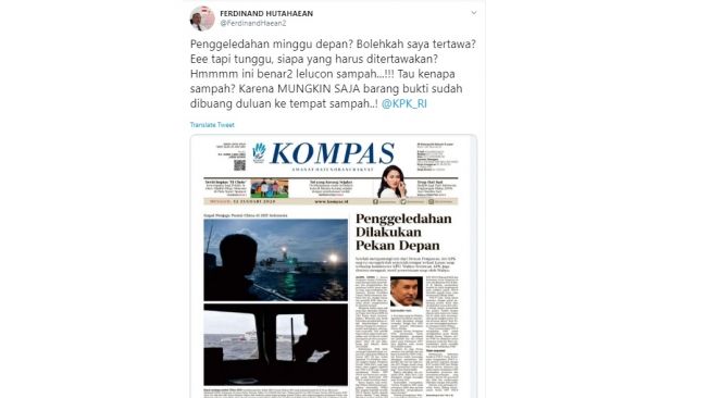 Cuitan Ferdinand Hutahaean soal penggeledahan KPK dalam kasus suap Wahyu Setiawan (twitter @FerdinandHaean2)