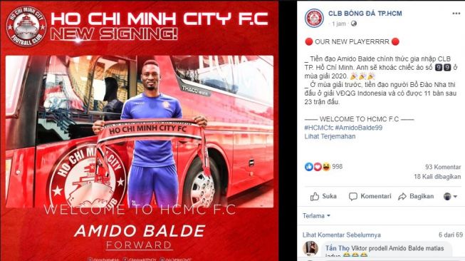 Amido Balde resmi diperkenalkan sebagai pemain baru HCMC FC. (Facebook/HCMC FC).