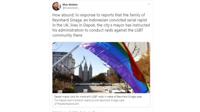 Sikap Walikota Depok disebut Absurd saat menanggapi kasus Reynhard Sinaga (twitter @maxwalden_)