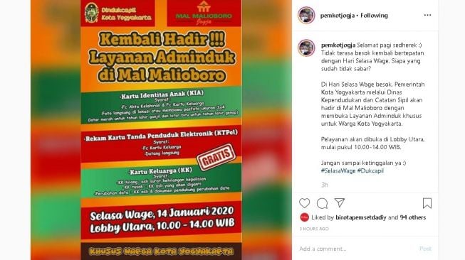 Layanan kependudukan Pemkot Jogja saat Selasa Wagen - (Instagram/@pemkotjogja)