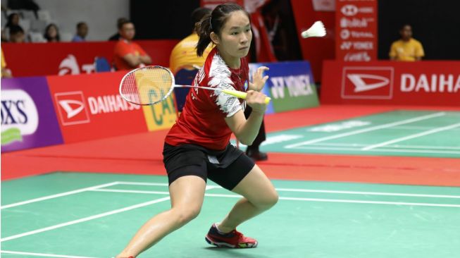 Pebulutangkis tunggal putri Indonesia, Ruselli Hartawan, menang atas wakil China Taipei, Pai Yu Po, di babak kualifikasi Indonesia Masters 2020 di Istora Senayan, Jakarta, Selasa (14/1). [Humas PBSI]