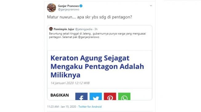 Ganjar Pranowo tanggapi klaim Kerajaan Agung Sejagat memiliki Pentagon (twitter @ganjarpranowo)