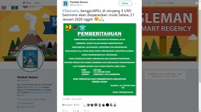 APILL baru Simpang 5 UNY mulai beroperasi pada Selasa (21/1/2020) - (Twitter/@kabarsleman)