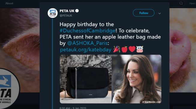 PETA berikan kado ulang tahun untuk Kate Middleton. (Twitter/@PETAUK)