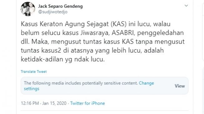 Sujiwo tanggapi kasus Kerajaan Agung Sejagat (twitter @sudjiwotedjo)