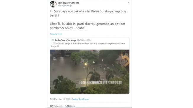 Cuitan Sujiwo Tejo soal banjir di Surabaya (twitter @sudjiwotedjo)
