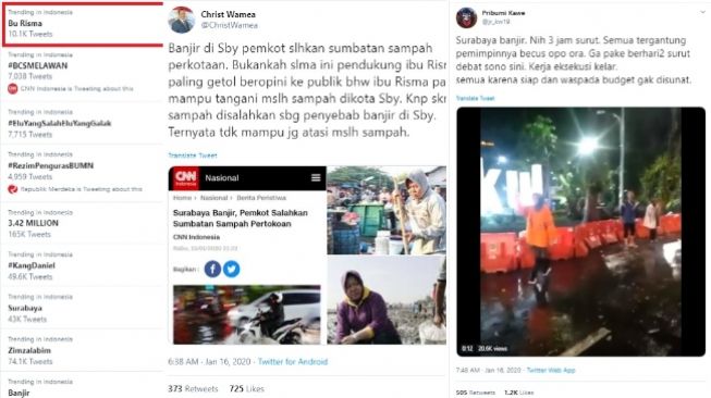 Surabaya Banjir Warganet Ribut, Bu Risma Masuk Trending Topik (twitter)