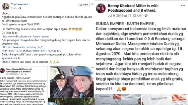 Heboh Sunda Empire, Klaim Pemerintahan Dunia Berakhir Agustus 2020 (Facebook Yuni Rusmini)