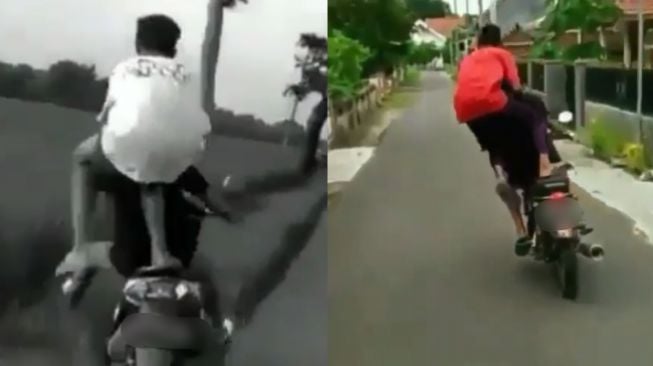 Viral pembonceng motor nekat joget sambil berdiri. (Instagram/@agoez_bandz4)