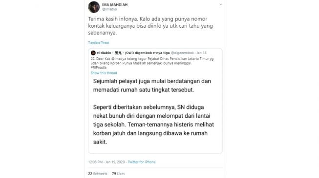 Ima Mahdiah menanggapi kasus remaja diduga bunuh diri karena jadi korban bully (twitter @imadya)