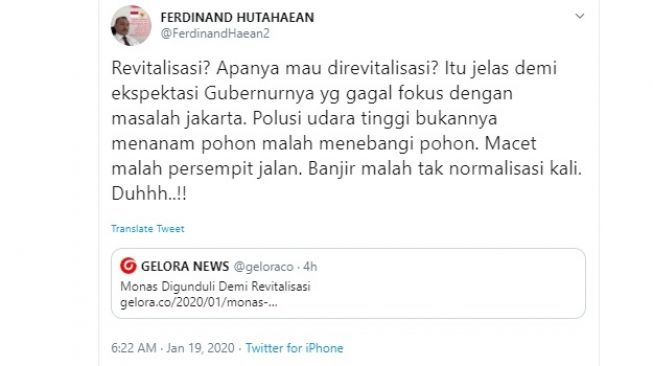 Cuitan Ferdinand Hutahaean soal revitalisasi Monas (twitter @FerdinandHaean2)