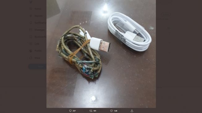 Penampakkan kabel charger setelah digunakan 3 tahun. [Twitter]