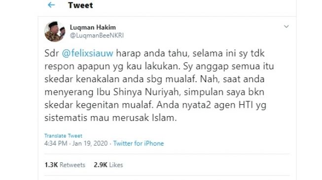 Felix Siauw dituding menyerang istri Gus Dur, Sinta Nuriyah (twitter @LuqmanBeeNKRI)