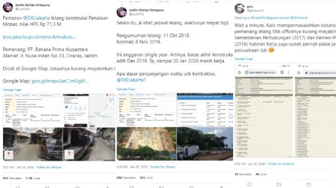 Perusahaan konstruksi penataan Monas dinilai tidak meyakinkan (twitter @justinpsi)