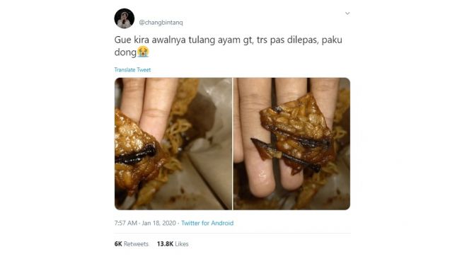 Postingan warganet tempe berisi paku. [Twitter]