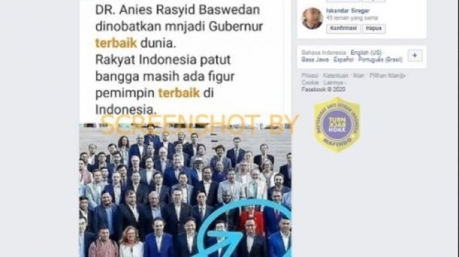 Anies dinobatkan jadi gubernur terbaik dunia. (Facebook/Forum Anti Fitnah, Hasut dan Hoax)