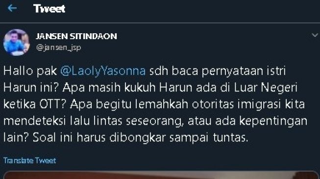 Jansen sindir Yasonna Laoly soal Harun Masiku. (Twitter/@jansensitindaon)