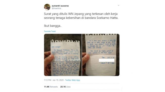 Surat dari warga Jepang untuk kebersihan Bandara Soekarno Hatta. [Twitter]