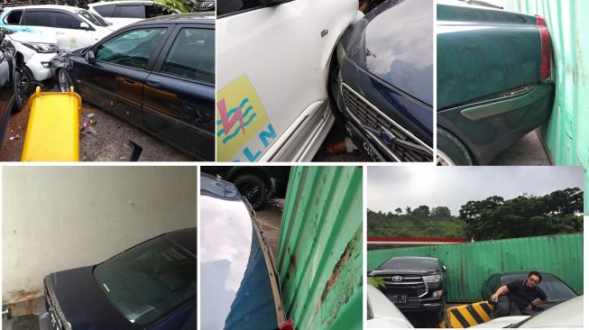 Kerusakan yang dialami sebuah Volvo S80 setelah diseruduk oleh truk kontainer di salah satu rest area Cipularang pada 17 Januari lalu. [Facebook/Zefa Art]