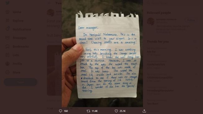 Surat dari warga Jepang untuk kebersihan Bandara Soekarno Hatta. [Twitter]