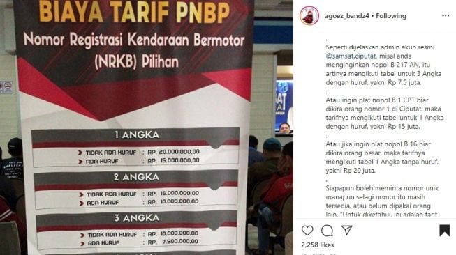 Biaya pelat nomor cantik. (Instagram)