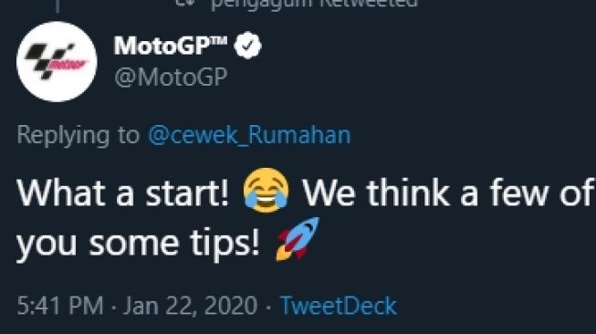 Akun media sosial resmi MotoGP turut memberikan komentar terkait video parodi (Twitter/cewek_Rumahan)
