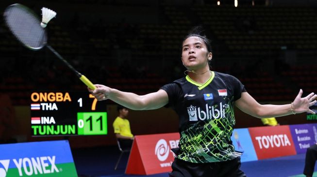 Pebulutangkis tunggal putri Indonesia, Gregoria Mariska Tunjung, menekuk wakil tuan rumah, Busanan Ongbamrungphan, di babak kedua Thailand Masters 2020, Kamis (23/1). [Humas PBSI]