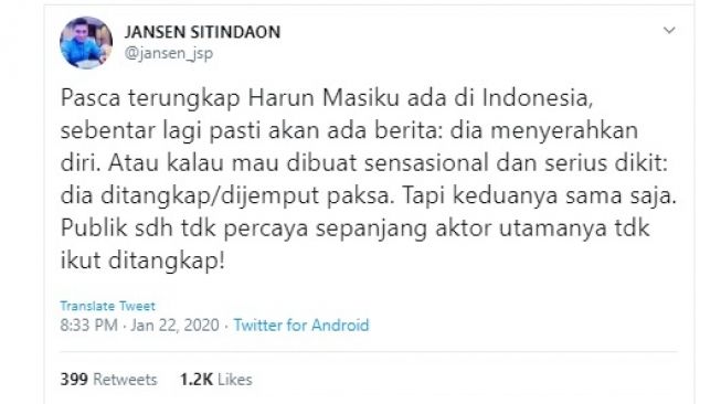 Cuitan Jansen Sitindaon soal Harun Masiku (twitter @jansen_jsp)