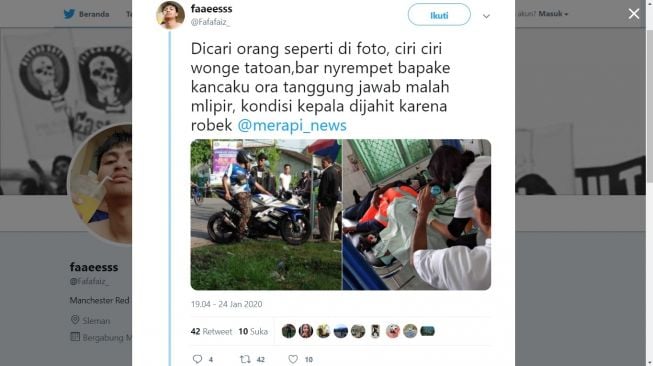 Supeltas di Pakem, Sleman luka robek di kepala usai tertabrak pemotor, Sabtu (25/1/2020) - (Twitter/@Fafafaiz_)