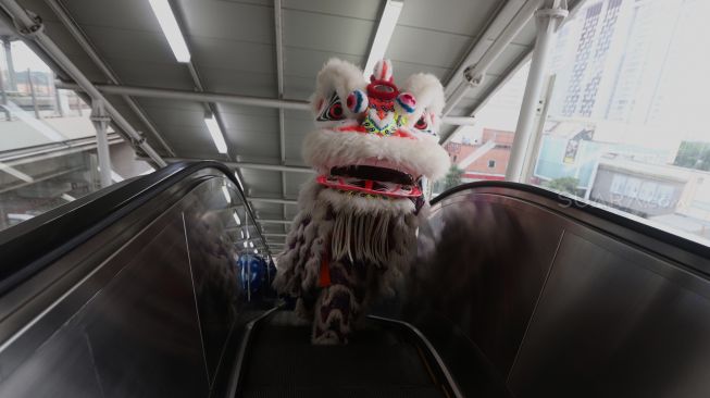 Barongsai beraksi di Stasiun LRT Boulevard Utara, Kelapa Gading, Jakarta Utara, Sabtu (25/1). [Suara.com/Angga Budhiyanto]