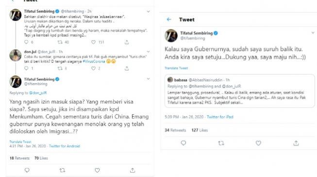 Tifatul Sembiring mendukung larangan turis dari China ke Indonesia karena virus corona (twitter @tifsembiring)