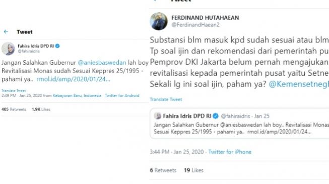 Fahira Idris minta jangan salahkan Anies Baswedan soal revitalisasi Monas (twitter @fahiraidris dan  @FerdinandHaean2)