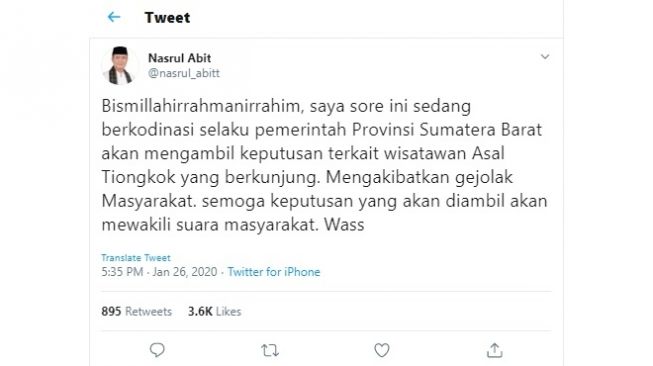 Wagub Sumatera Barat ambil keputusan soal ratusan turis China (twitter @nasrul_abitt)