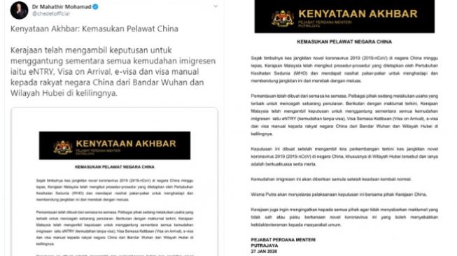 Mahathir Mohamad tangguhkan layanan imigrasi untuk turis China (twitter @chedetofficial)