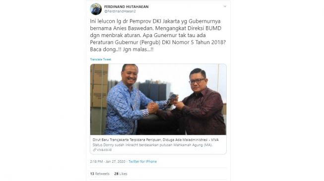 Kritik Ferdinand Hutahaean kepada Anies Baswedan (twitter @FerdinandHaean2)