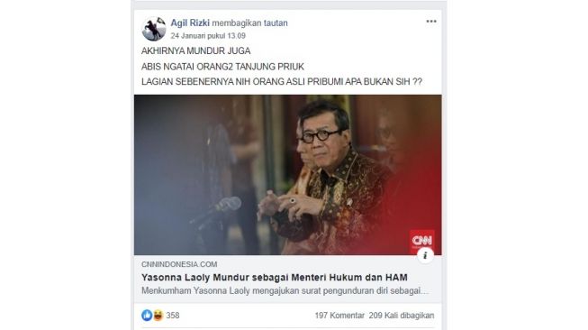 Postingan yang mengklaim Yasonna Laoly mundur karena persoalan dengan warga Tanjung Priok (Facebook Agil Rizki)