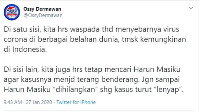 Cuitan staf pribadi SBY, Ossy Dermawan. (Twitter).