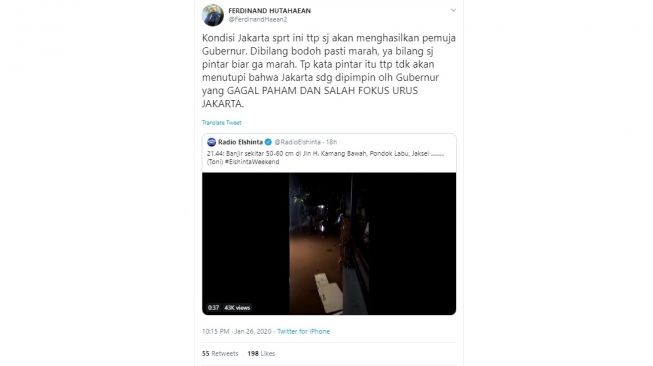 Ferdinand Hutahaean sebut Anies Baswedan gubernur yang gagal paham (twitter @FerdinandHaean2)