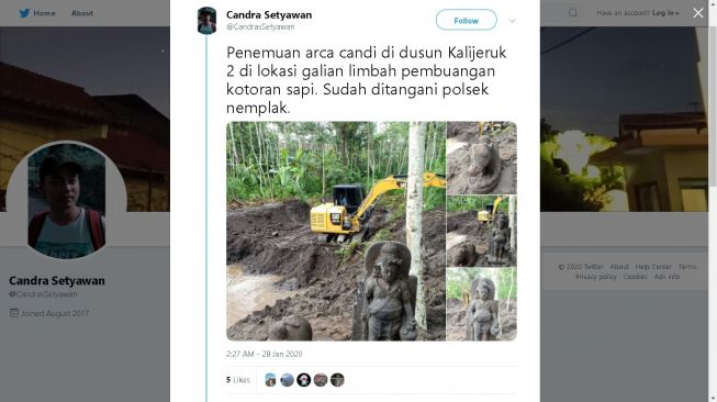 Arca ditemukan di Dusun Kalijeruk II, Desa Widodomartani, Kecamatan Ngemplak, Kabupaten Sleman, Selasa (28/1/2020). - (Twitter/@CandrasSetyawan)