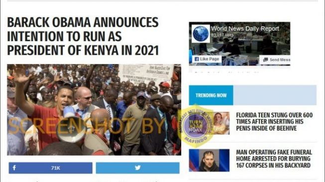 Artikel yang menyebut bahwa Barack Obama mencalonkan diri menjadi Presiden Kenya tahun 2021 (turnbackhoax.id)