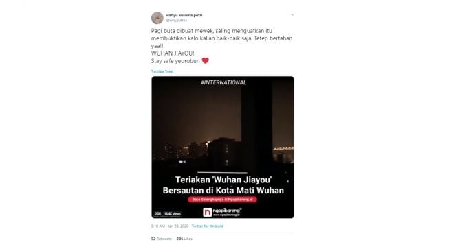 Teriakan warga Wuhan, China yang saling menguatkan satu sama lain. [Twitter] 