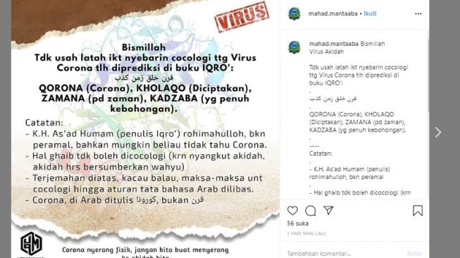 Penjelasan Konten yang mengklaim virus corona muncul dalam iqro (instagram/@mahad.mantaaba)