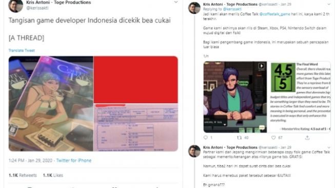 Viral cuitan developer game mengeluh kepada Bea Cukai (twitter @kerissakti)