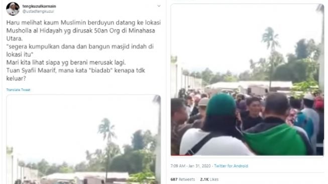 Tengku Zulkarnain menanggapi perusakan musala di Minahasa Utara (twitter @ustadtengkuzul)