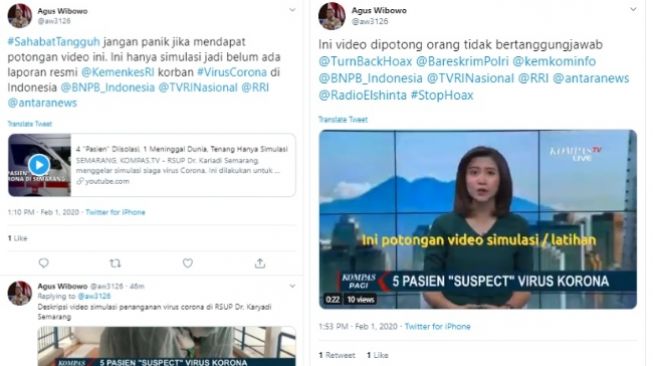 Cek Fakta, video lima pasien terkena virus corona di Semarang hanya simulasi (twitter @aw3126)