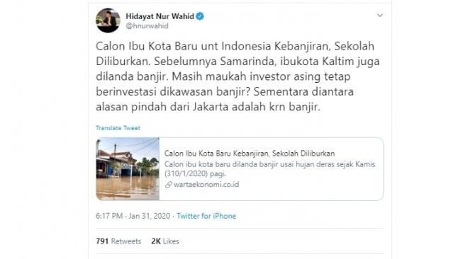 Cuitan Hidayat Nur Wahid mengomentari ibu kota baru banjir (twitter @hnurwahid)